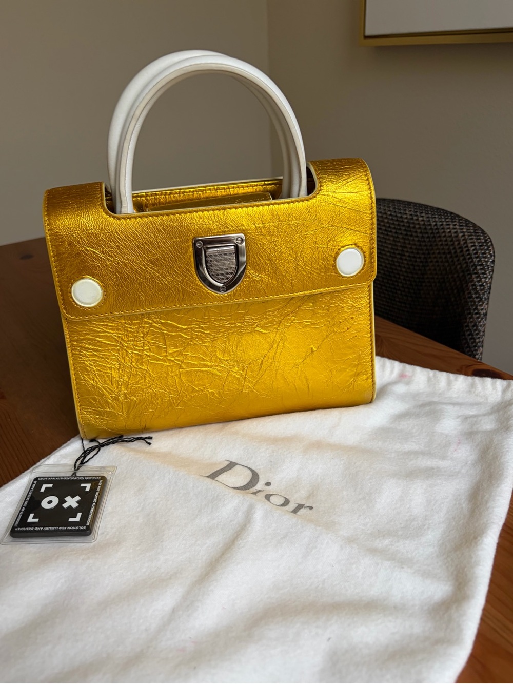 Dior Mini Diorever Gold Metallic White Leather Top Handle Crossbody Bag with COA